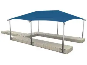 EZ Shade 20' x 30' canopy on a beige EZ Dock with navy blue top